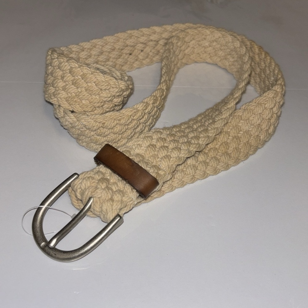 AERO BRAND CREME COLORED WEAVE BELT WITH BROWN LEATHER AND SILVER BUCKLE